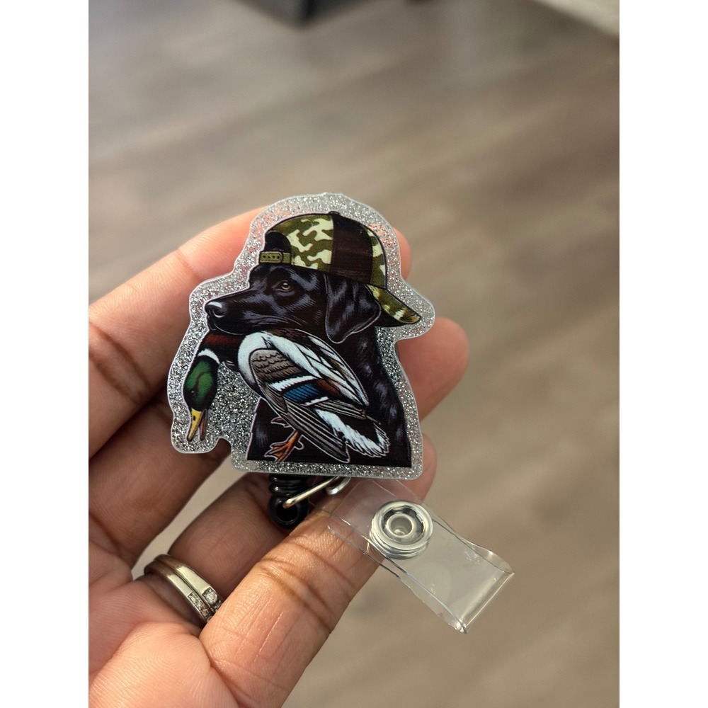 Black Lab Hunting Dog Badge Reel Retractable ID Holder Mallard Camo Hat Glitter